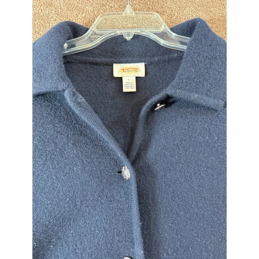 Talbots‎ Women Navy Blue Button Front Cardigan Sweater Large Collared Pockets